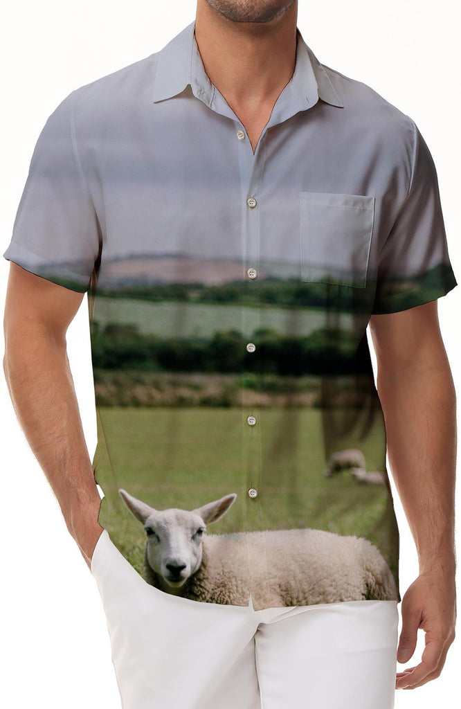 Lamb and Sheep Print Men's Dress Shirt Casual Button Short Sleeve Summer Beach Shirt Vacation Shirt