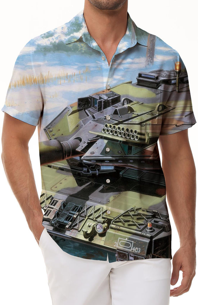 Digital Printed Tank Pattern Men's Shirt Fashion Casual Hawaiian Beach Shirt Battle Tank Shirt Short Sleeve Lapel
