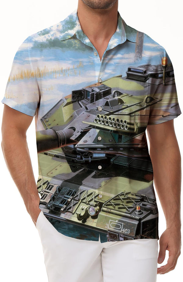Digital Printed Tank Pattern Men's Shirt Fashion Casual Hawaiian Beach Shirt Battle Tank Shirt Short Sleeve Lapel