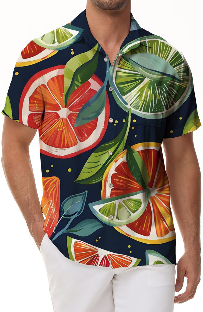 Fruit lemon men's casual loose printed pattern Hawaiian button-down lapel seaside vacation short-sleeved shirt