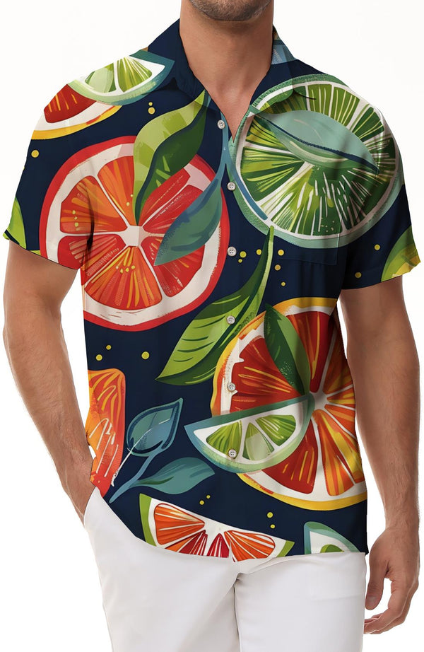 
Fruit lemon men's casual loose printed pattern Hawaiian button-down lapel seaside vacation short-sleeved shirt
                