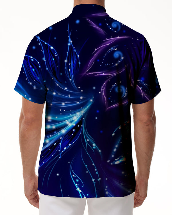 
Navy Blue Artistic Petals Galaxy Print Men's Regular Cuban Collar Short Sleeve Shirt with Pockets and Button Closure
                