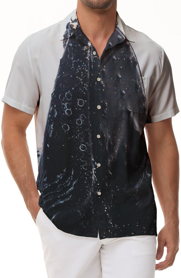 Huge Black Whale Mens Casual Loose Black Animal Hawaiian Button Down Lapel Short Sleeve Shirt Pocket