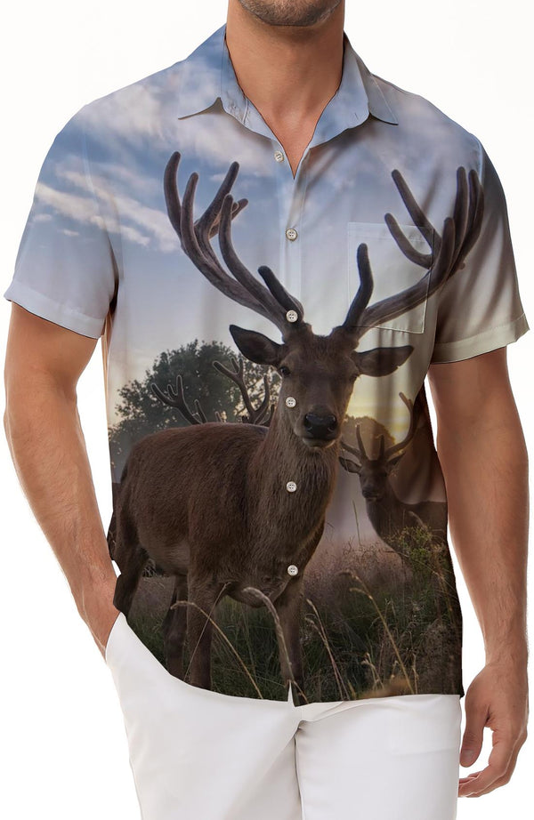 Wildlife Deer Mens Style Vintage Collar Shirt Casual Button Shirt Short Sleeve Vacation Beach