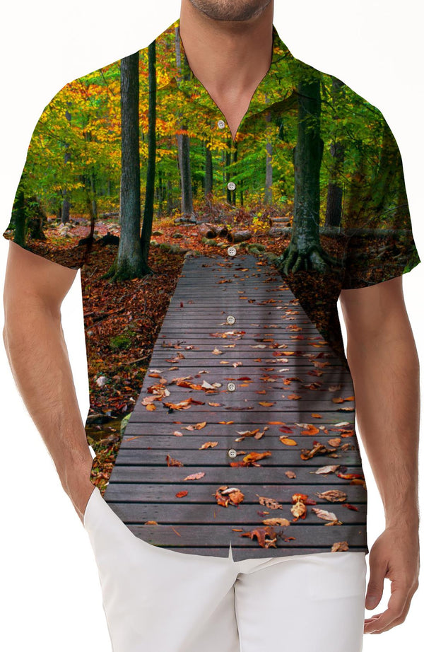 Autumn leaves men's polyester shirt men's short-sleeved shirt button-down casual shirt loose tops vacation