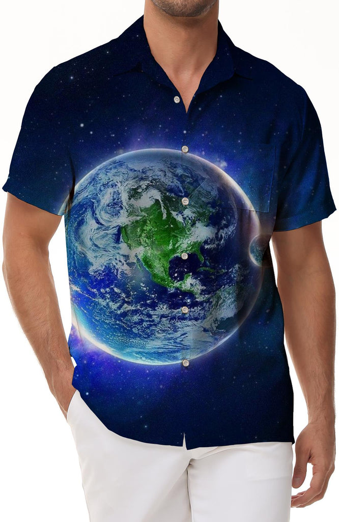 Earth Planet Star Space Men's Summer Short Sleeve Shirt Fashion Casual Short Sleeve 3D Digital Printing Short Sleeve Shirt Hawaii