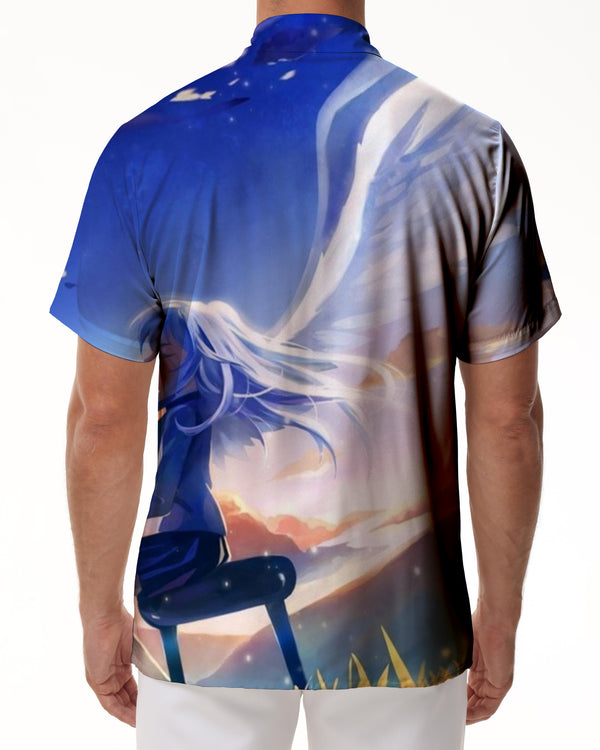 
Blue cartoon angel men's summer casual regular music print shirt short sleeve lapel shirt
                