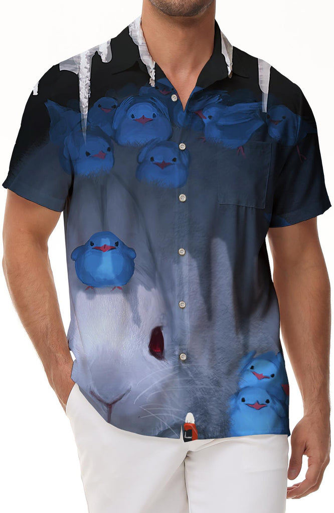 Men's Cartoon Blue Duck Print Short Sleeve Button Comfort Beach Hawaiian Shirt Loose Shirt Fashion