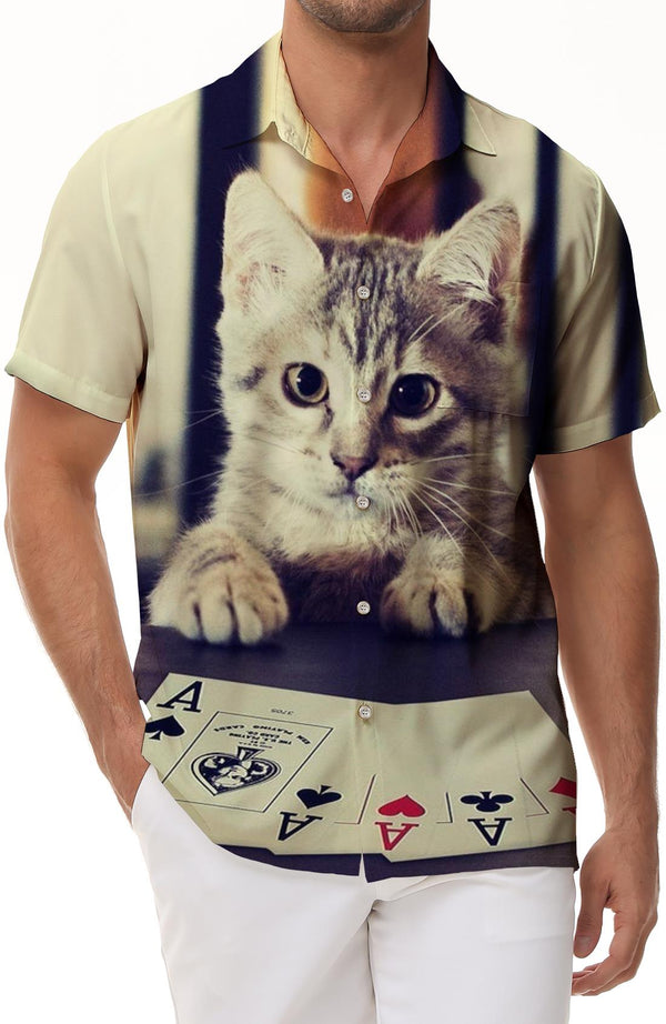 Poker Cat Kitten Shirt Mens Short Sleeve Button Down Hawaiian Shirt Perfect for Beach Summer Tropical