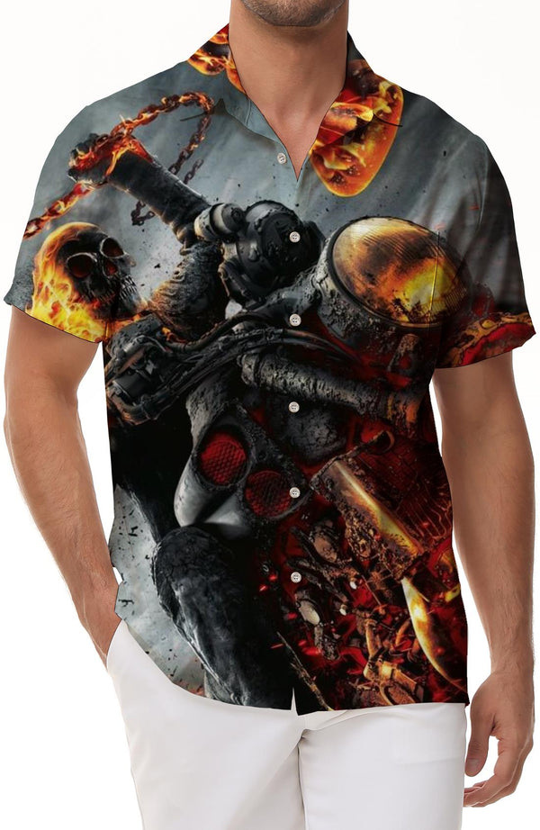 Hell Skull Men's Short Sleeve Hawaiian Button Pattern Casual Shirt Retro Fashion Summer Loose Tops