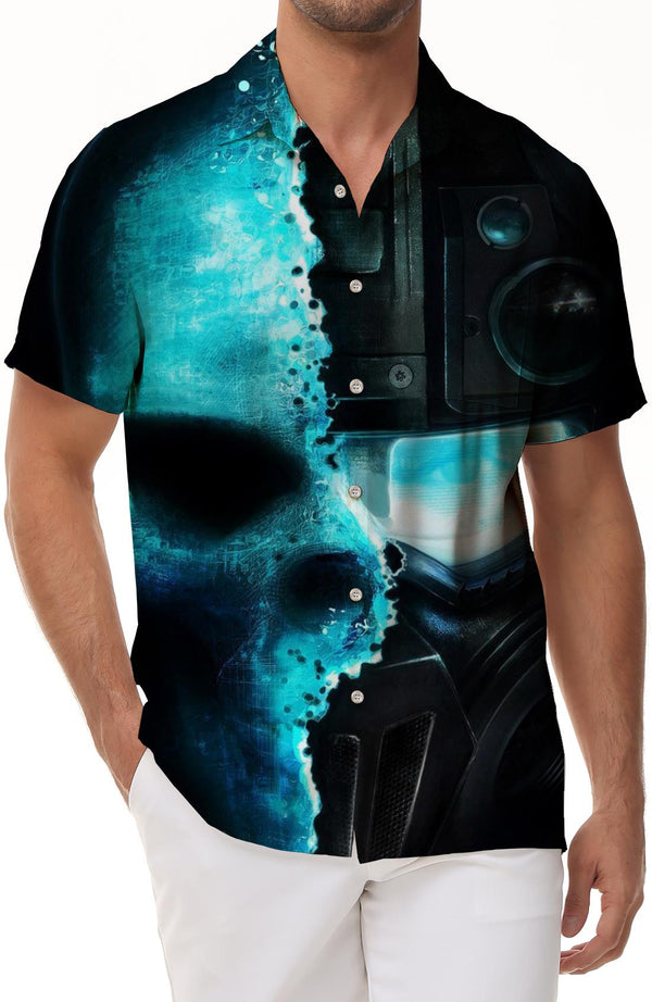 Cyber Technology Skull Pattern Hip-Hop Rap Style Hawaiian Button Lapel Pocket Casual Daily Travel Vacation Men's