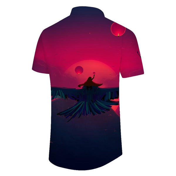 
Red sky moon flying lapel summer Hawaiian shirt for novelty short sleeve tops
                