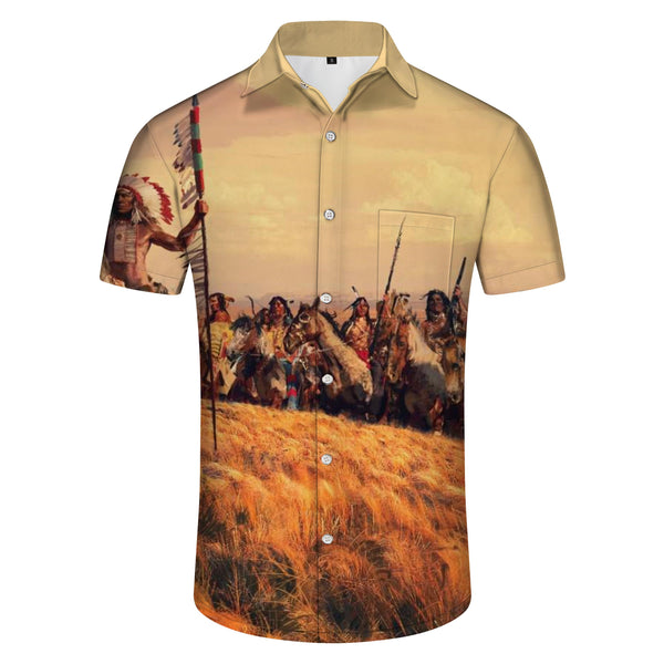 
Comfortable Men's Casual Hawaiian Shirt Denim Print Beige Sleeve Shirt Cool Summer Top Retro Breathable
                