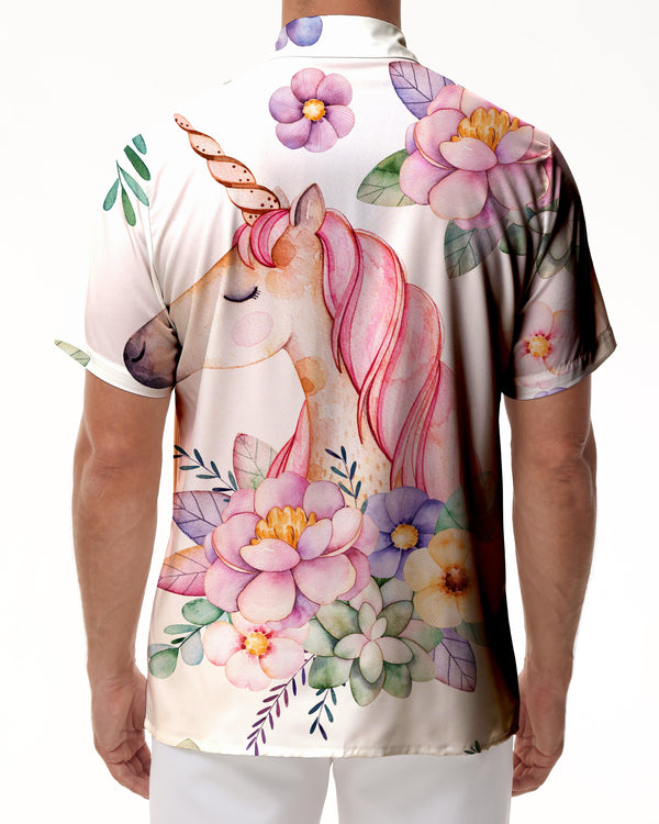 
Pink Unicorn Horse Hawaiian Lapel Men's Short Sleeve Pink Floral Beach Shirt Summer Casual Tops Button
                