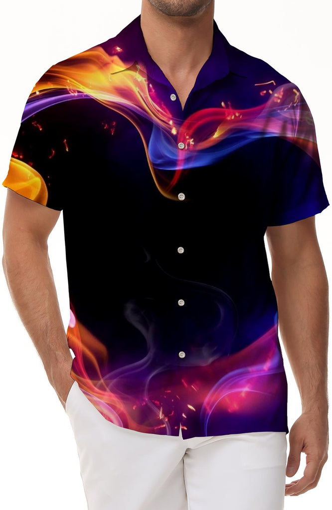 Black Men's Summer Hawaiian Flame Short Sleeve Button Shirt for Casual Fashion Wear