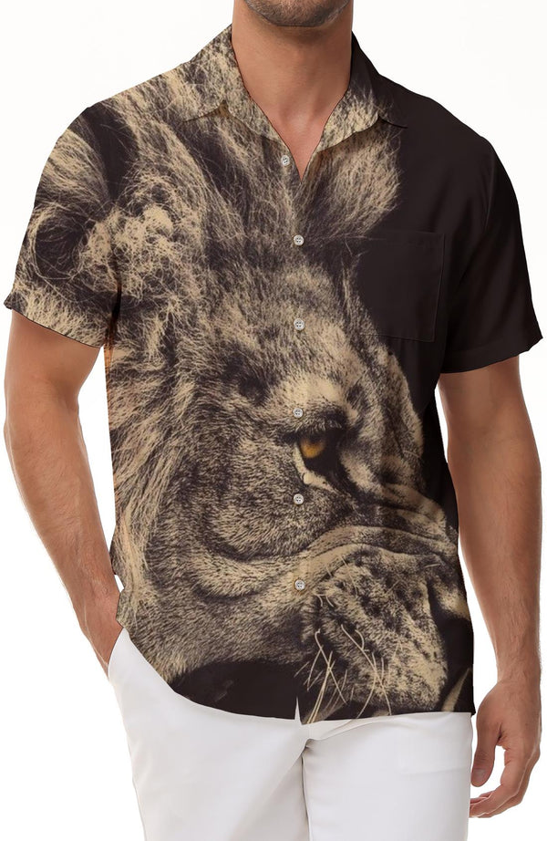 Fierce Roaring Wild Lion Hawaiian Button Tropical Shirt Men's Casual Style Everyday Streetwear