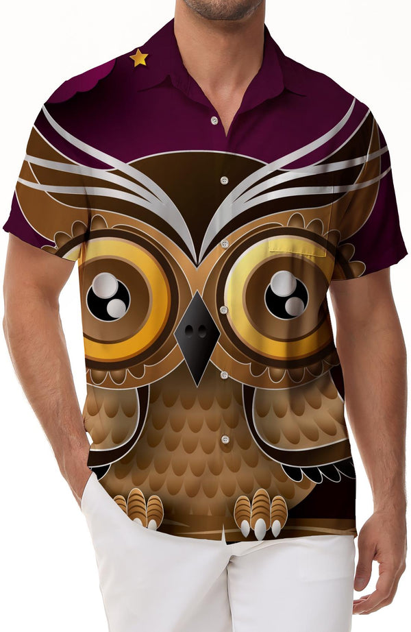 Animal Cartoon Owl Cute Men's Polyester Shirt Men's Short Sleeve Shirt Button Casual Shirt Loose Tops Vacation