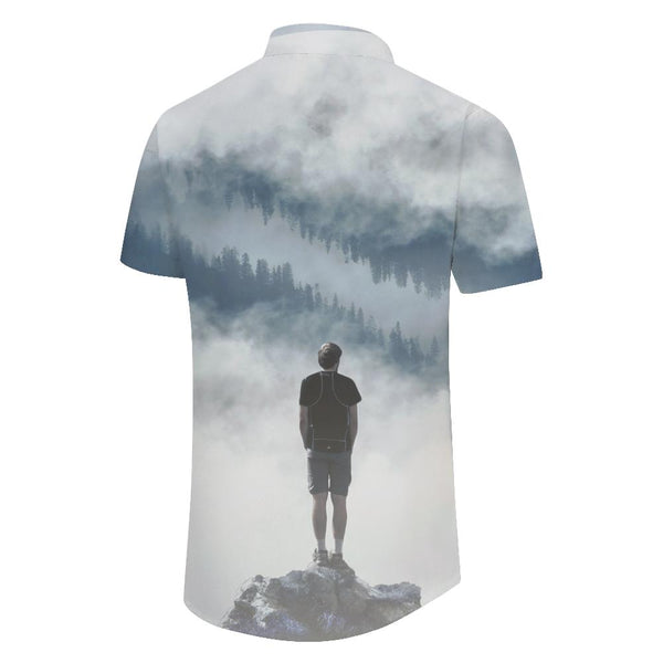 
Natural environment cartoon misty mountains men's casual loose short sleeve button shirt casual summer beach shirt
                