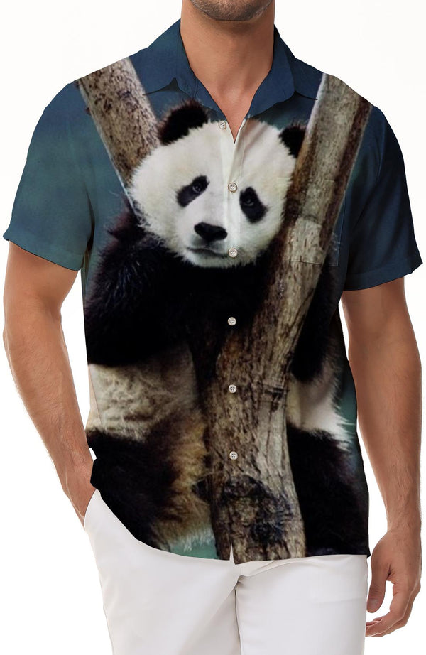 Cute Black and White Panda Head Hawaiian Shirt Men's Beach Shirt Lapel Tropical Fashion Short Sleeve Button Shirt Tops