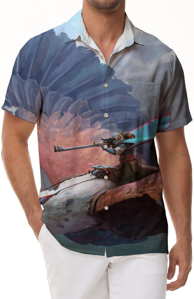 Flying Sky Shooting 3D Printed Pattern Hawaiian Button Pocket Lapel Men's Casual Button Shirt Lapel