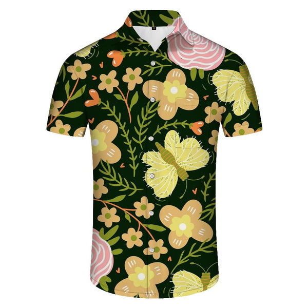 
Flower orange butterfly print pattern Hawaiian button lapel casual fashion men's vacation beach shirt
                