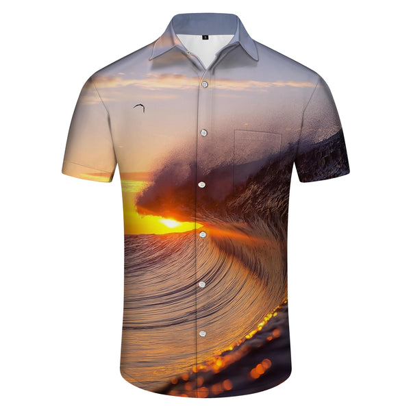 
Ocean Wave Summer Men's Casual Tops Short Sleeve Hawaiian Lapel Button Shir
                