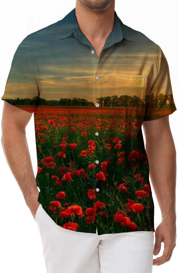 Poppy Fields at Sunset Men's Casual Short Sleeve Everyday Loose Button Hawaiian Shirt Casual Beach Party