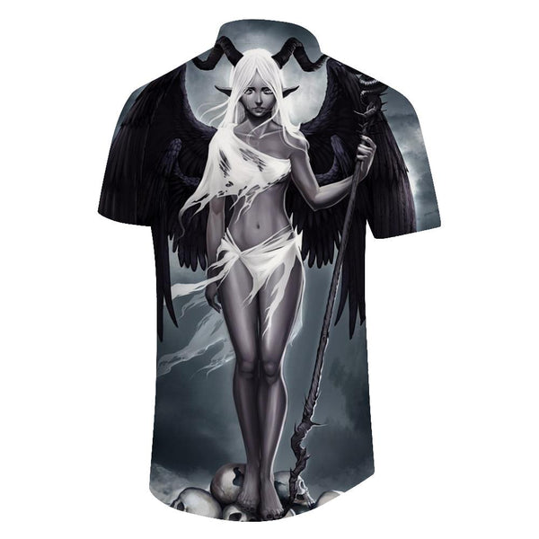 
Black and white devil graphic print men's Hawaiian shirt short sleeve button down casual shirt beach short sleeve top
                