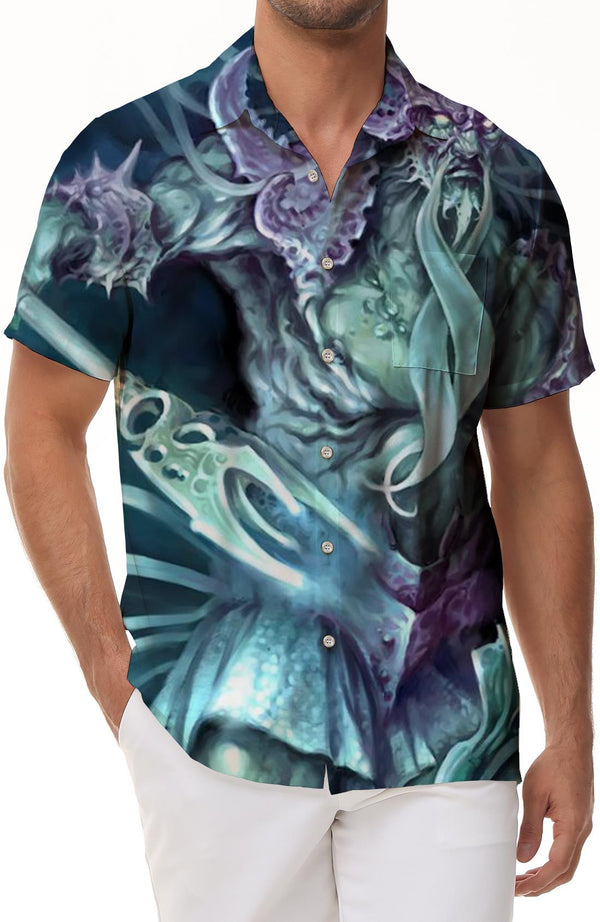 Water Monster Warrior Men's Short Sleeve Shirt Loose Casual Vacation Beach Summer Shirt with Pockets