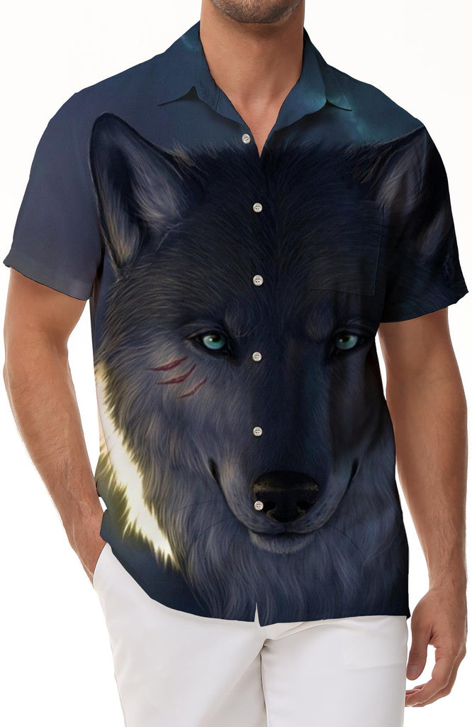 Beach Shirt Short Sleeves Deep Eye Wolf Head Men's Casual Hawaiian Button Print Pattern Gray