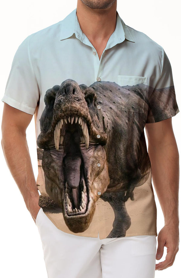 
Hip-hop street tops men's 3D dinosaur print Harajuku street travel vacation short-sleeved shirt Hawaiian animal roar
                