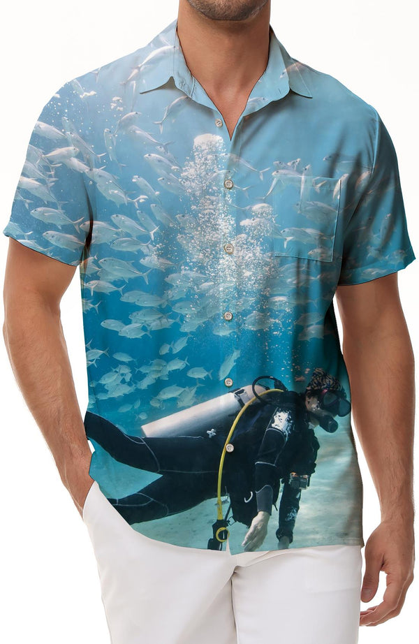 Men's casual loose latent print short sleeve button down Hawaiian shirt tropical beach walking clothing