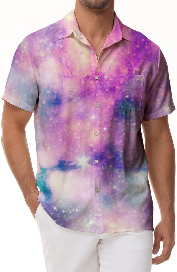 Men's Casual Colorful Hawaiian Button Style 3D Printed Button Shirt Galaxy Pattern Short Sleeve Pocket Shirt Short Sleeve