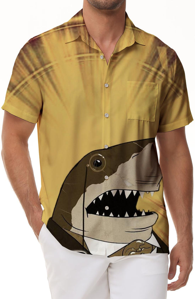 Yellow cartoon funny shark men's short sleeve Hawaiian shirt men's beach shirt tropical shirt vacation