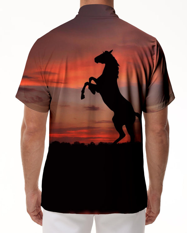 
Wild Horses in the sunset and night fashion Hawaiian button-down lapel men's casual loose short-sleeved shirt tops
                