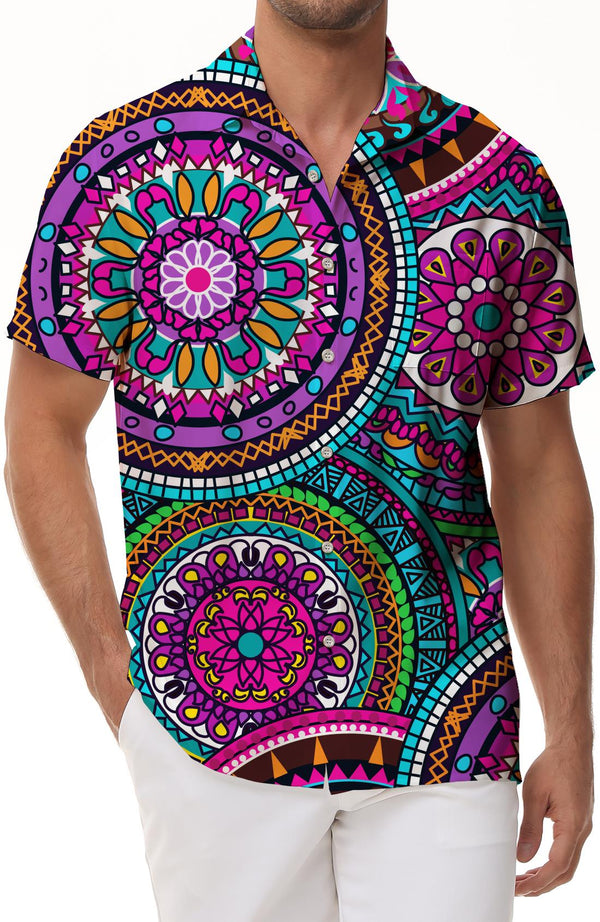 
Blue and purple mandala retro pattern geometric fashionable Hawaiian holiday beach seaside short-sleeved men's casual button shirt
                