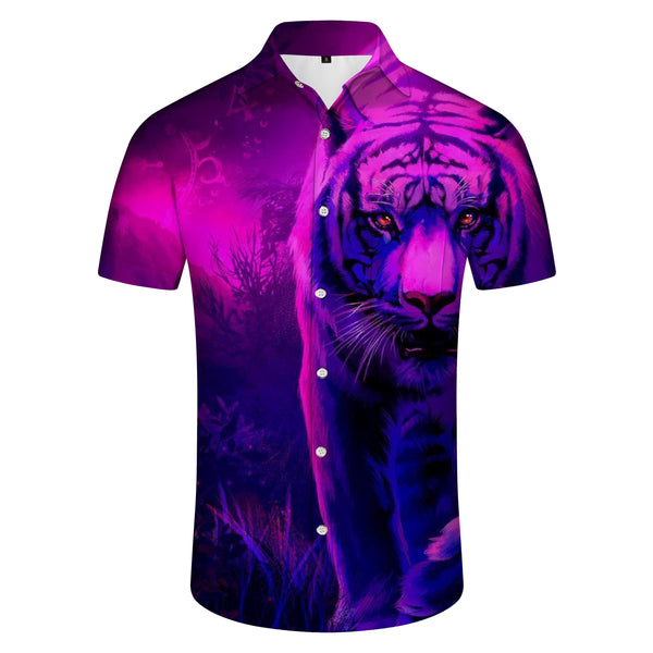 
Purple Tiger Fierce Gaze Men's Loose Short Sleeve Shirt 3D Printed Button Beach Shirt Casual Hawaiian
                