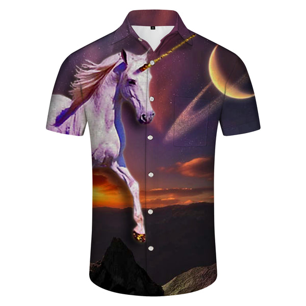 
Starry sky print pink unicorn loose men's short-sleeved button-down shirt breathable simple travel shirt
                