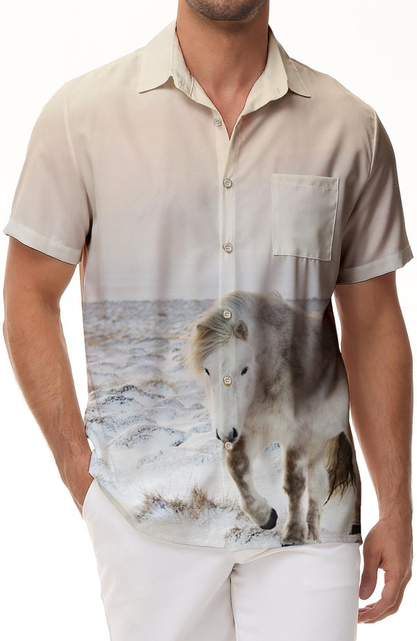 White Horse Snow Men's Short Sleeve Button-down Shirt Hawaiian Button Four Seasons Lapel Top Loose