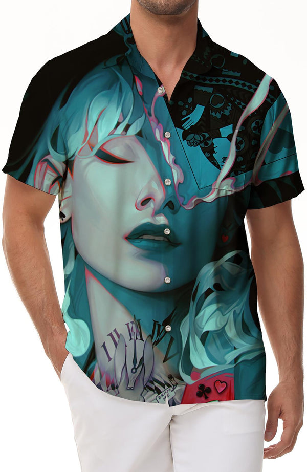 Psychedelic Japanese Geisha Pattern Men's Short Sleeve Shirt Hawaiian Button-down Short Sleeve Loose Pocket Shirt Top