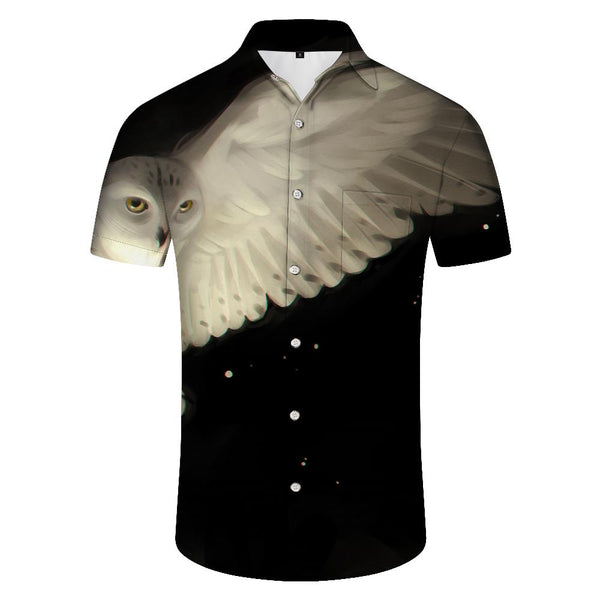
Black and White Little Owl Cool Fantasy Hawaiian Tropical Button Lapel Men's Short Sleeve Button Four Seasons Shirt Cuban
                