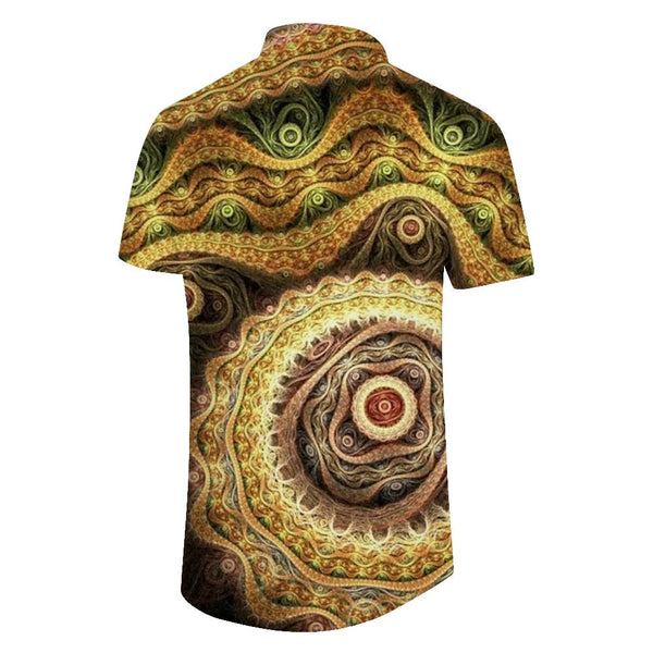 
Indian digital print golden yellow tropical button men's casual loose button shirt four seasons beach wear
                