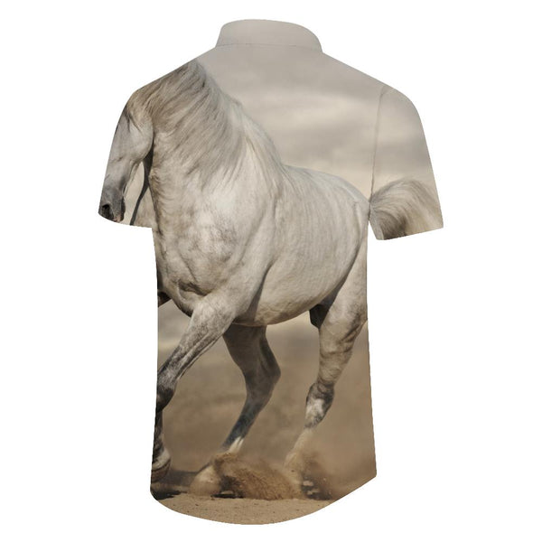 
Running elegant white horse beach summer short-sleeved men's casual shirt print pattern beach dinner
                