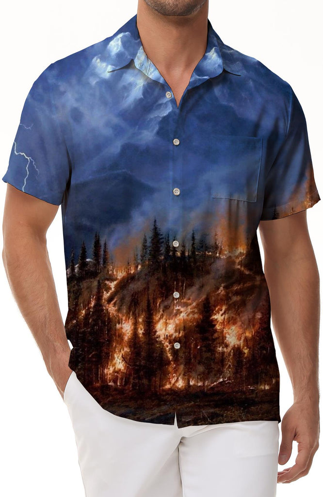 Hawaiian button pocket lapel fire mountain men's casual daily travel short-sleeved shirt beach shirt beach clothing