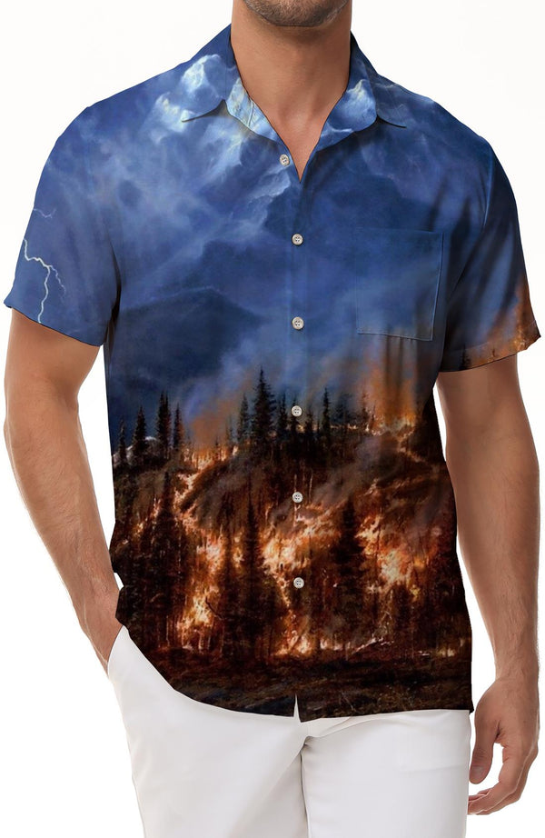 Hawaiian button pocket lapel fire mountain men's casual daily travel short-sleeved shirt beach shirt beach clothing