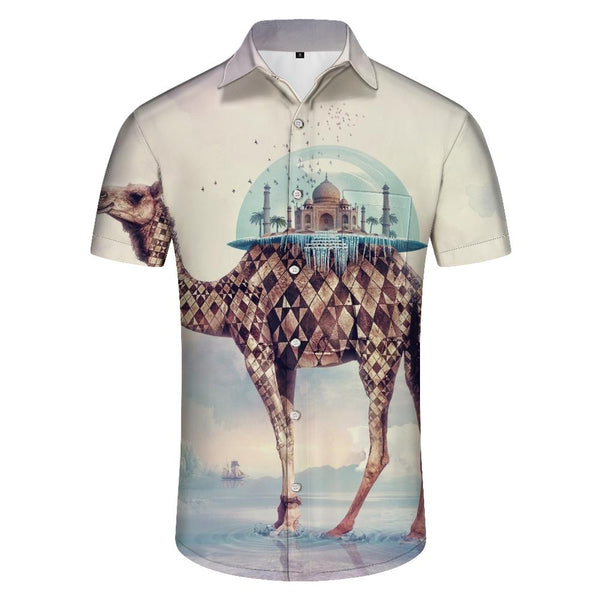 
Camel Print Pattern Men's Daily Travel Casual Short Sleeve Shirt Hawaiian Button Lapel Pockets Abstract
                