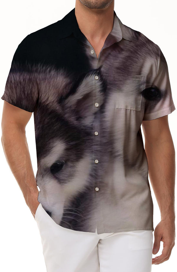 Husky Print Casual Fashion Beach Summer Shirt Men's Short Sleeve Button Top Shirt Cute