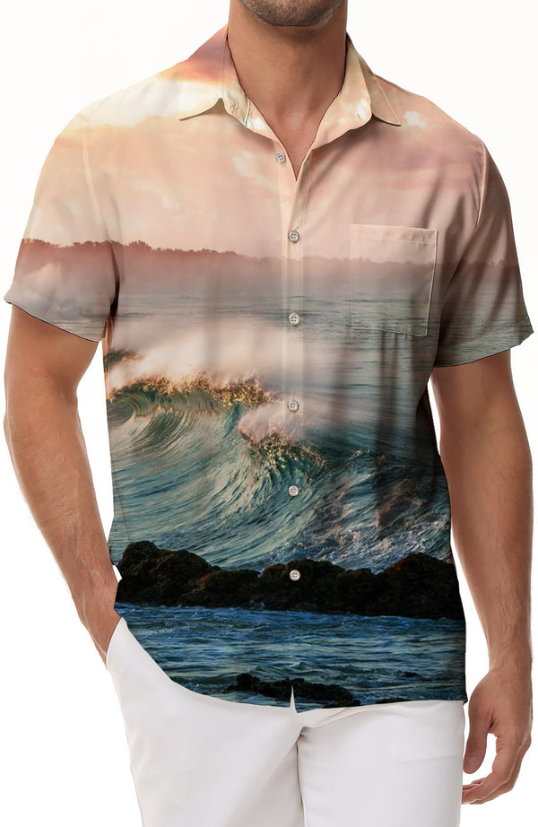 Men's Ocean Wave Pattern Shirt 3D Surfing Hawaiian Beach Shirt Short Sleeve Tops Vintage Clothing Lapel Shirt