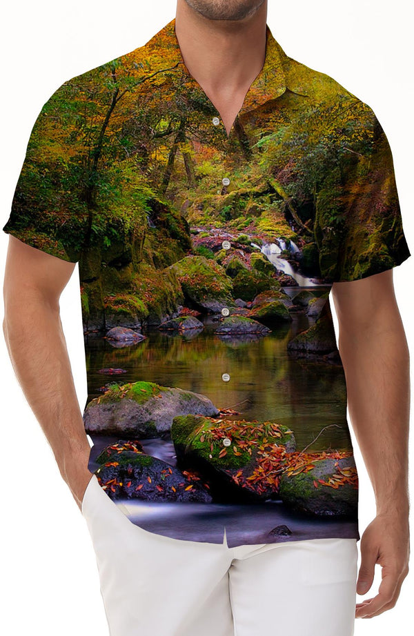 Nature 3D digital flower print pattern button-down lapel men's short-sleeved shirt men's summer casual