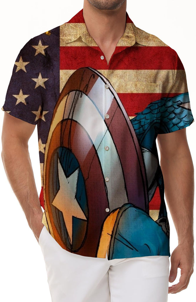 Captain America shield men's retro simple fashion short-sleeved shirt Hawaiian button seaside vacation short-sleeved shirt beach